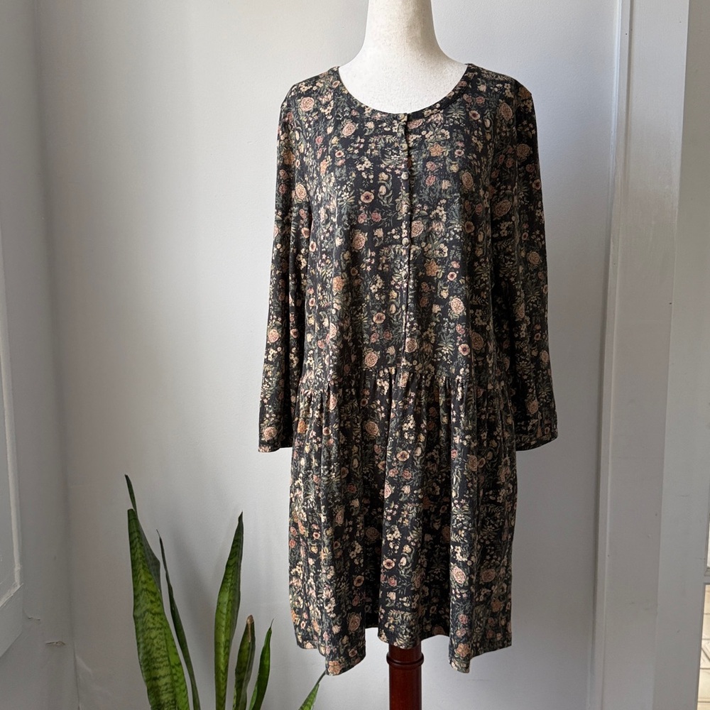 Peruvian Connection Black and Cream Floral Dress Soze Medium Pima Cotton blend